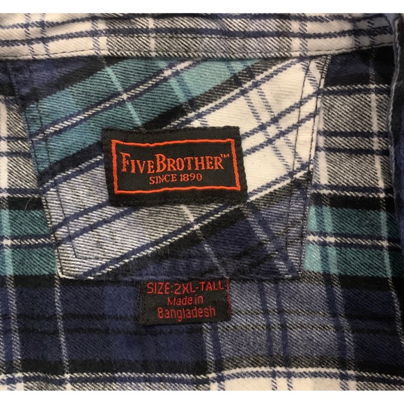 Five Brother Blue Teal Plaid Western Heavy Flannel Pearl Snap Shirt 2XL Tall - Picture 7 of 11